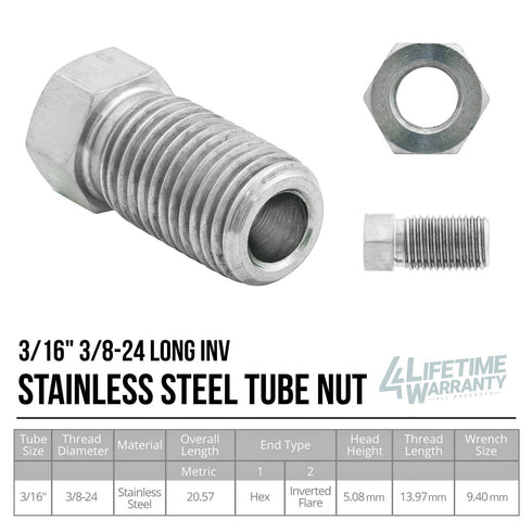 4LIFETIMELINES Stainless Steel Brake Line Tube Nut, Long, 3/16 (3/8-24 Inverted), Bag of 10...