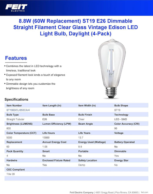 Feit Electric ST19 Vintage Edison LED Light Bulb, 60W Equivalent, Dimmable, 5000K Daylight, 800 Lumens, E26 Base, Retro Filament Light Bulbs, 15,0...