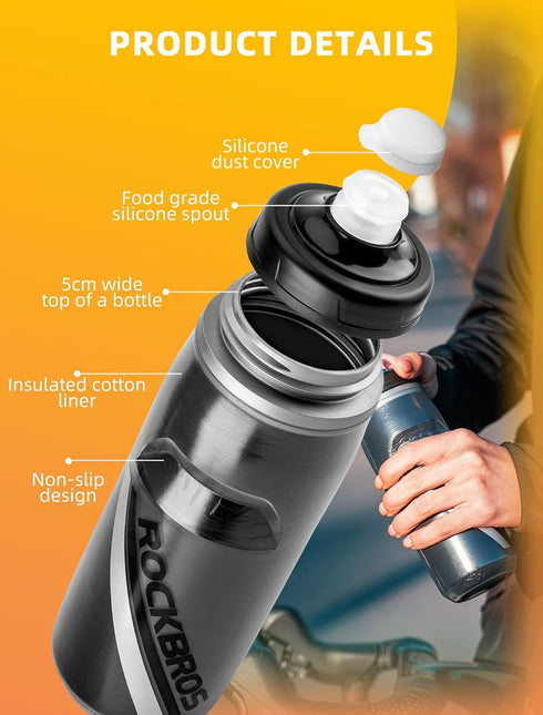 ROCKBROS Bike Water Bottle 21oz Bicycle Water Bottle for 5hrs Insulation Sports Squeeze Water Bottle with Leakproof Design...
