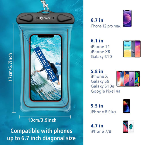 F-color Waterproof Phone Pouch - 2 Pack Phone Waterproof Pouch for iPhone 15 14 Pro Max Galaxy S24 Up to 7.2", IPX8 Waterproof Phone Case with Lan...
