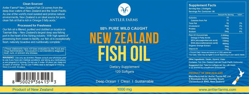 Antler Farms - 100% Pure Wild Caught New Zealand Fish Oil from Deep Ocean, Cold Water Fish, 120 Softgels - Clean, Fresh Omega-3 EPA + DHA Suppleme...
