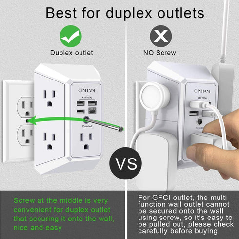 Wall Charger, Surge Protector, QINLIANF 5 Outlet Extender with 4 USB Charging Ports (4.8A Total) 3-Sided 1680J Power Strip Multi Plug Adapter Spac...
