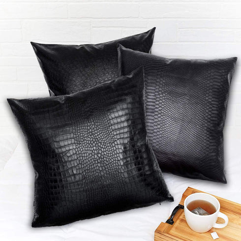 Black Crocodile Skin Faux Leather Pillow Cover - Sofa Cushion Case - Decorative Modern Throw Covers for Living Room & Bedroom - 12x20 Inches - Bla...