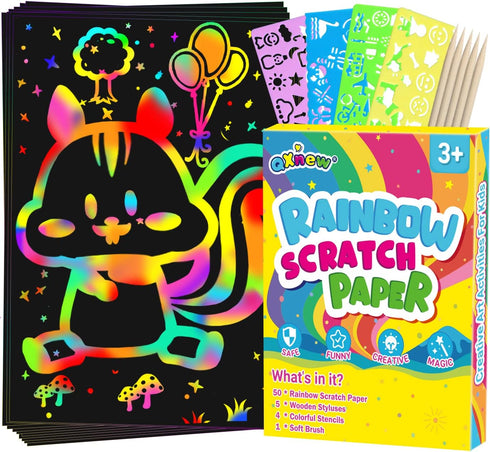 Scratch Paper Art Gifts: Rainbow Scratch Off Art-Craft Supplies Kits Pad for 3 4 5 6 7 8 Year Old Boys Girls Toys for Birthday Christmas Halloween...