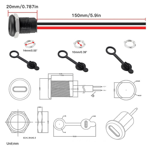 Type-C Female Chassis 2 Pin Wire 22 awg Waterproof Jack Connectors 3A USB C Pigtail Cable Extension Socket Plug (10Pcs) lkelyonewy...