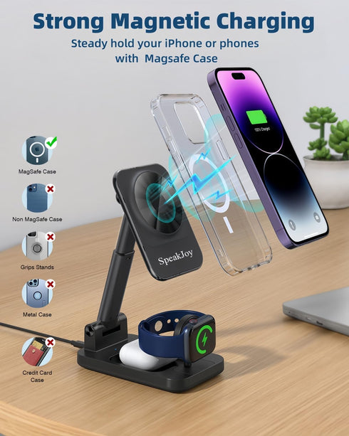 3 in 1 Foldable Wireless Charging Station for Apple Products, Adjustable Phone Charger Stand, Magsafe Charger Travel Dock for iPhone/Samsung/Googl...