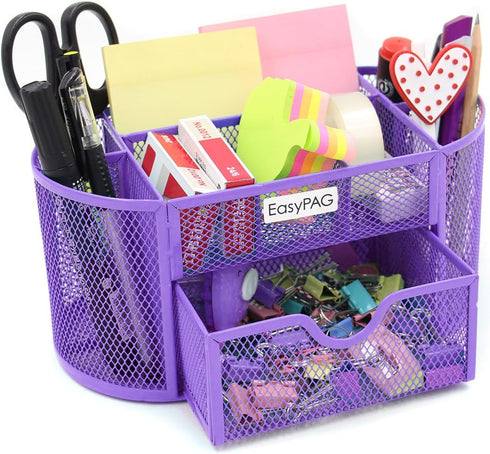 EasyPAG Desk Organizer Mesh Desktop Office Supplies Multi-functional Caddy Pen Holder Stationery with Drawer,Purple...