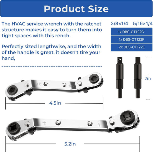 Toovem HVAC Service Wrench Set, Ratchet Wrench has 3/16"1/4" 3/8" 5/16" Size and 2 Hexagon Bit Adapter HVAC Tools for Air Refrigeration Equipment,...