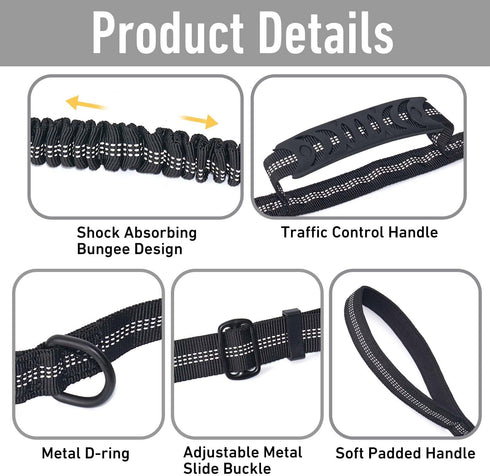 Tactical Dog Leash,Reflective Training Dog Leash,Adjustable Heavy Duty Dog Leash with 2 Control Padded Handle Strong No Pull Bungee Dog Leashes wi...