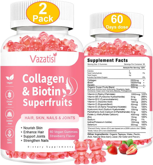 2 Pack Collagen Gummies with Biotin & Keratin - 60 Natural Strawberry Flavored Gummies Supplement...