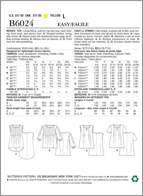 Butterick Patterns B6024ZZ0 Misses' Top Sewing Template, Size ZZ (LRG-XLG-XXL)...