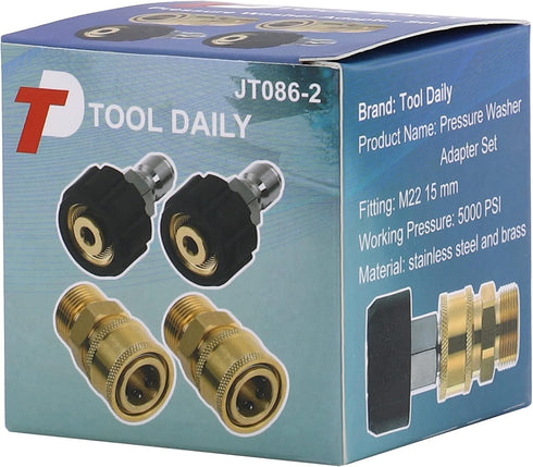 Tool Daily Pressure Washer Adapter Set, Quick Connect Kit, Metric M22 15mm Female to M22 Male Fitting, 5000 PSI, 4 Pcs...