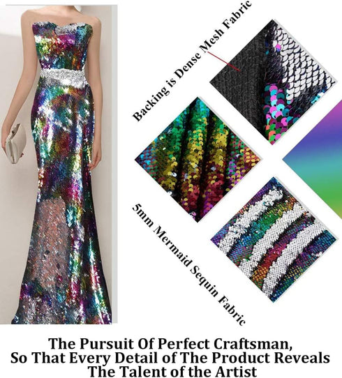 Partisout Sequin Fabric Mermaid Fabric 5mm Glitter Fabric 1 Yard Rainbow to Silver Two Tone Sequin Fabric Sparkly Fabric by The Yard Mesh Fabric R...