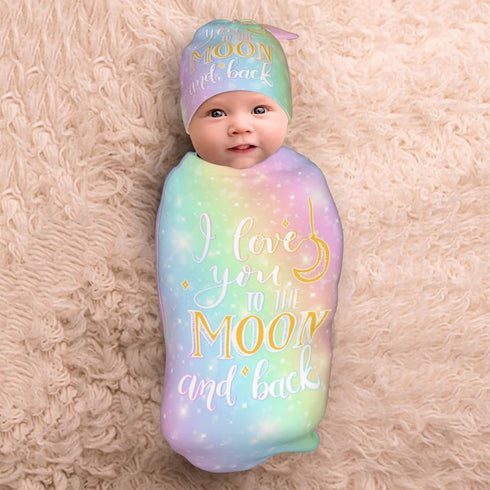 I Love You to The Moon and Back Newborn Swaddle Blankets Hat Sets Soft Stretchy Rainbow Sleep Sack Baby Stuff Receiving Blanket Gifts for Infant B...