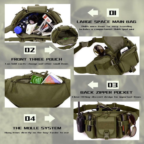Tactical Fanny Pack, Military Outdoor Waist Bag Belt Packs Hip Bumbag Utility Bags with Adjustable Strap for Cycling Hiking Hunting (Green)...