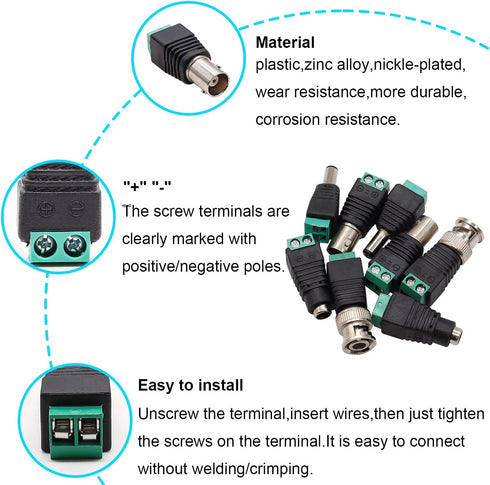 40PCS Male Female Power Connector DC 12V 5.5 x 2.1mm Power Jack Plug Adapter Barrel Connector, BNC Male Female Balun Connector for CCTV Coaxial Ca...