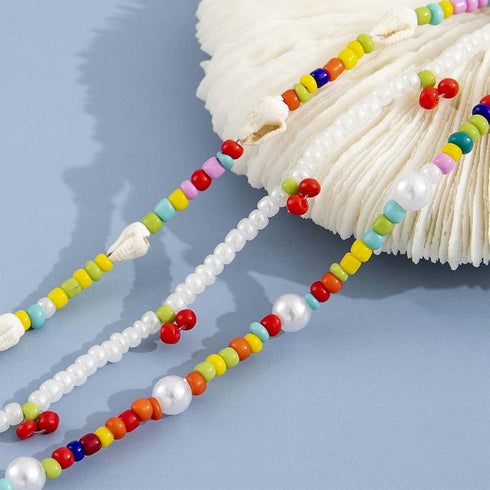 Handmade Pearl Anklet Bracelet Boho Conch Cherry Rainbow Beads Anklet Ankle Chain Elastic Pearl Beach Foot Chain Multi-Layered Anklet 3Pcs Set Foo...