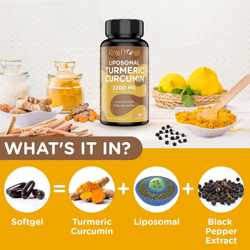 Liposomal Turmeric Curcumin Supplement 2200 mg with Black Pepper Extract 15 mg for High Absorption and Joint Function, 60 Softgels for Adults...