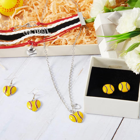Junkin 4 Pieces Softball Jewelry Set Softball Heart Necklace Bracelet Dangle Drop Earrings Stud Earrings Handmade Pendant Charms for Women...