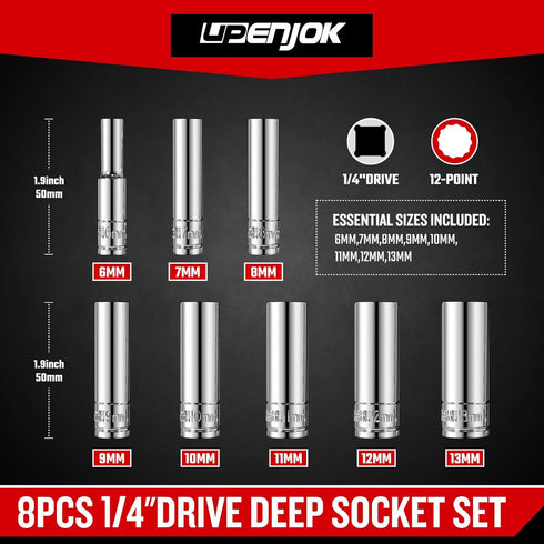 1/4 Inch Drive 12-Point Metric Socket Set, 8-Piece Deep Well Socket Set, CR-V Steel Tool Set, Sizes(6mm, 7mm, 8mm, 9mm, 10mm, 11mm, 12mm, 13mm)...