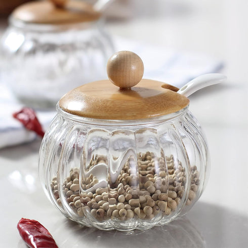 Salt Cellar, 8 Oz / 250 ML Glass Container with Bamboo Lid, Cute Pumpkin Condiment Jar, Storage Canister with Scoop, Kitchen Countertop Seasoning ...