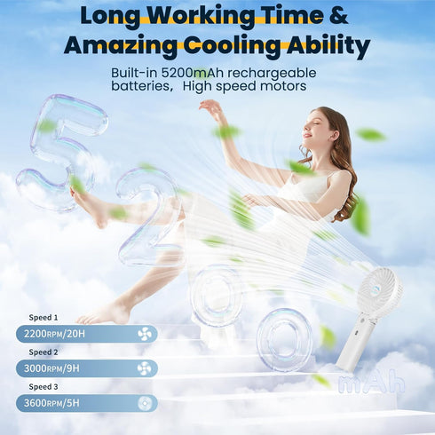 HandFan 5200mAh Portable Handheld Fan, Foldable Personal Fan, Battery Operated Rechargeable Fan, Portable Charger Design, 3 Speeds,5-20H Working T...