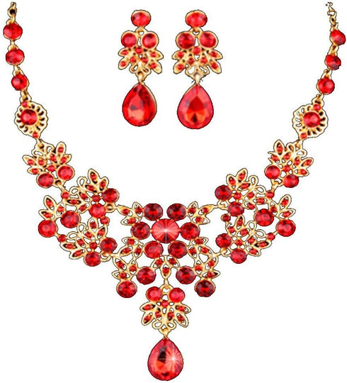Silver Red Alloy Rhinestone Earrings Crystal Pendant Necklace Bridal Jewelry Set...