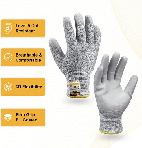 JPP Premium Cut Resistant Gloves, CE Level 5 Protection, PU Coated Cut Proof Work Gloves with Firm Grip, Breathable and Lightweight, 3D Comfort Fi...