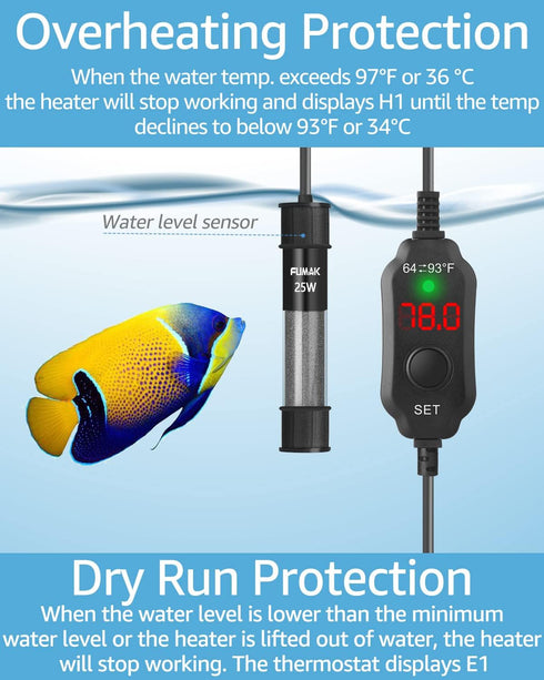 Fumak 25W Adjustable Aquarium Heater Super Short Submersible Fish Tank Heater Fish Heater with LED Digital Display Thermostat, for Tanks 3-5 Gallo...