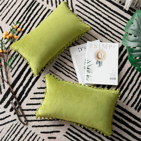 DEZENE Couch Pillow Cases 12x20 Chartreuse: 2 Pack Cozy Soft Pom-poms Velvet Rectangular Throw Pillow Covers for Farmhouse Home Decor...