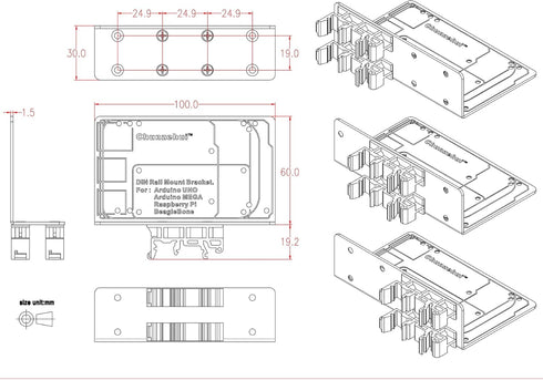 DIN Rail Mount Bracket for Raspberry Pi 1A+ 1B+ 2B 3B 3B+ 4B Zero, UNO Mega-2560 BeagleBone Black...