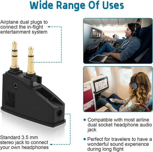 Airplane Headphone Adapter Comes with 2.5mm to 3.5mm Male Audio AUX Cable, Golden Plated 3.5mm Jack for Airplane/Home TV/Gym/Boats/Car, Foldable S...