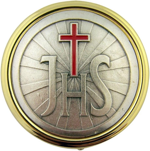 Religious Gifts Gold Plate Eucharist PYX with IHS and Red Enamel Cross, 2 1/4 Inch...