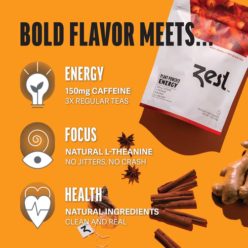 Zest 150mg High Caffeine Energy Leaf Blend - Spicy Masala Chai Black Tea - 20 Pack Bag - All Natural Strong Flavored Healthy Coffee Alternative Hi...
