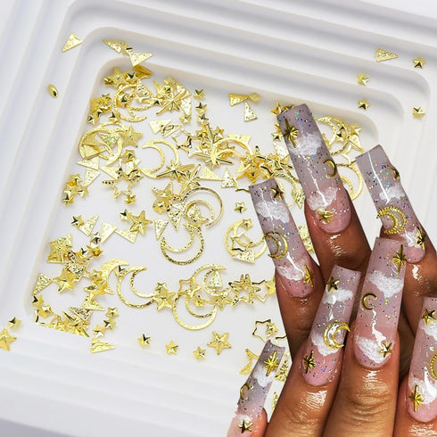 2 Box Gold Star Moon Nail Charms Nails Art Studs 3D Metallic Star Moon Nails Studs Rhinestones Star Nail Jewelry Decoration Supplies Kit for Women...