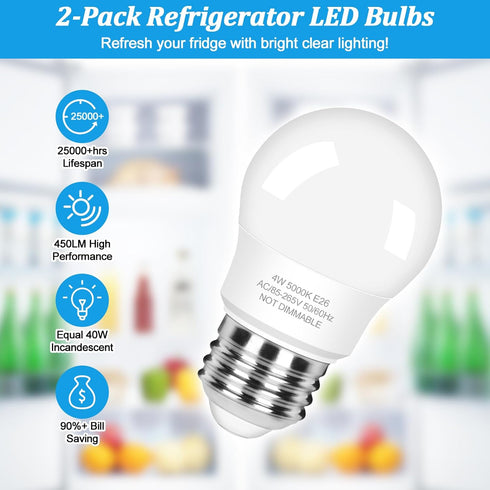LED Refrigerator Light Bulb 40 Watt Equivalent, 120V Fridge Appliance Light Bulb 4W Daylight White 5000K, Waterproof A15 Fridge Light Bulbs 450LM,...
