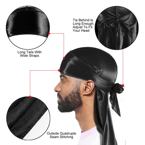ROYBENS 3PCS Silky Durags Pack for Men Waves, Satin Doo Rag, Award 1 Wave Cap,Q...
