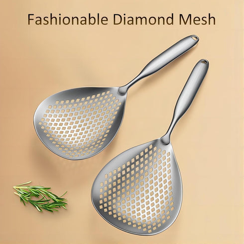 Large Stainless Steel Strainer with Comfort Handle and Hanging Holes,Food Grade Filter Spoon Solid Stainless Steel Strainer Skimmer Ladle for Kitc...