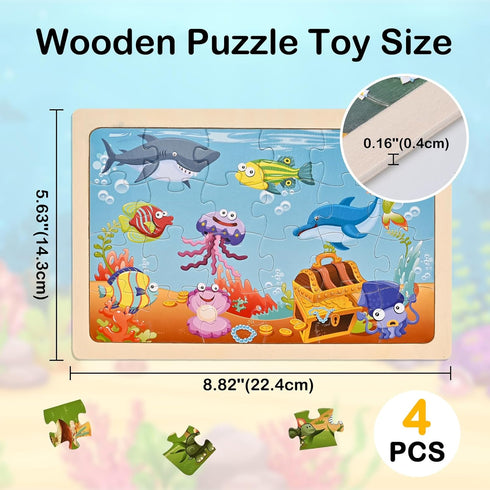Wooden Puzzles for Kids Ages 3 4 5, 4 Packs 24 PCs, Sea and Animal Puzzles for Toddlers, Toddlers Jigsaw Puzzles, Preschool Educational Learning T...
