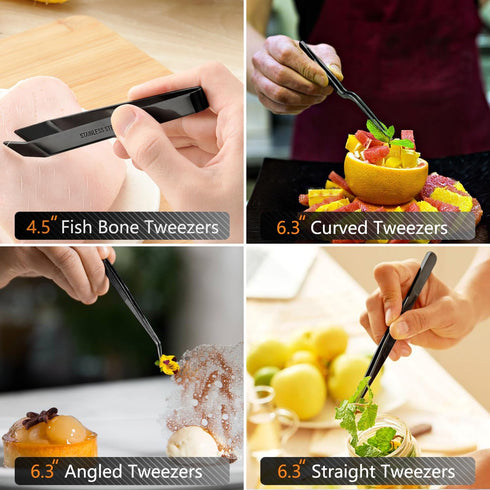 JETKONG 6 Pcs Cooking Tweezer Tongs, 12'' and 6.3" Stainless Steel Kitchen Tweezer Set, Professional Chef Tweezers for Cooking, Repairing, Sea Foo...