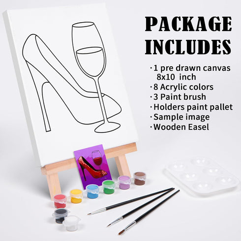 VOCHIC Paint and Sip kit Pre Drawn Canvas Painting Kit for Adults Painting Party Supplies Kit with Picture to Paint 1 Easel, 8 Acrylic Colors,3 Br...