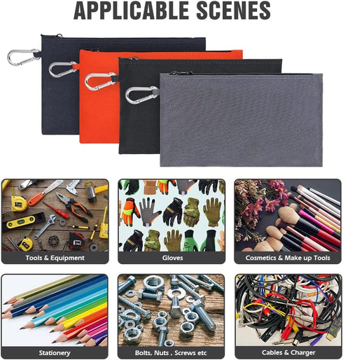 4 Pack Tool Pouch Zipper Bags, Heavy Duty Tools Pouch with Carabiner, Multipurpose Pouch Tote Bags with Dependable Durable Zippers...