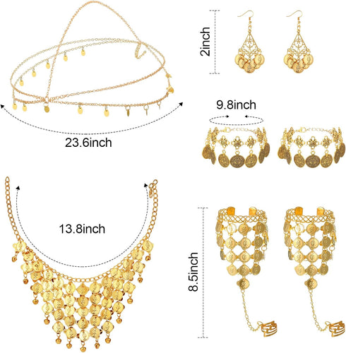 Belly Dance Jewelry Set Women Belly Dance Gold Sequins Head Chain Coins Necklace Earrings Bracelets Bohemian Tassel Anklet Chain Hand Ring Bracele...