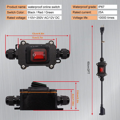 weideer Extension Cord with Inline Switch On/Off IP67 Waterproof 20A 250V 16AWG 2FT 3Pin Outlets Plugs Power Cord Red Led Rocker Switch for Outdoo...