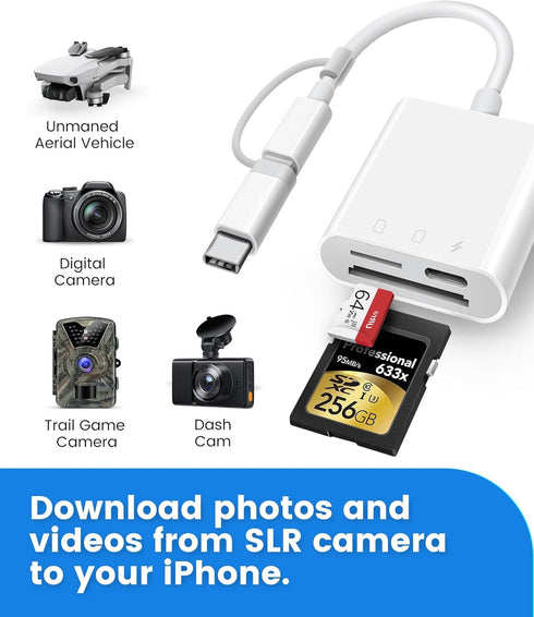 SD Card Reader for iPhone iPad, Oyuiasle Trail Game Camera SD Card Viewer with Dual Slot for MicroSD/SD, Lightening&USBC Dual-Connector Memory Car...