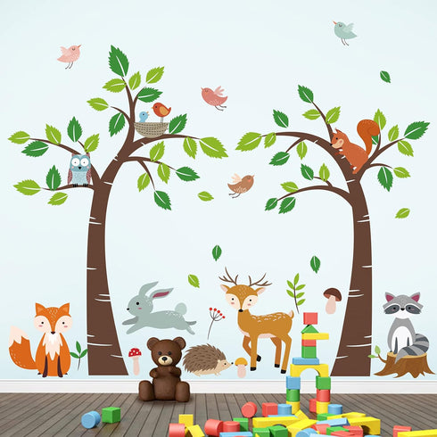 decalmile Woodland Animals Trees Wall Decals Deer Fox Owl Wall Stickers Kids Bedroom Baby Nursery Wall Decor...