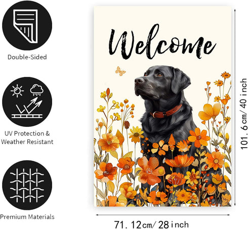 Floral Black Lab Garden Flag Large Fall House Flag 28x40 Double Sided Orange Wildflower Labrador Dog Yard Flags for Outside Autumn Lawn Flags Welc...