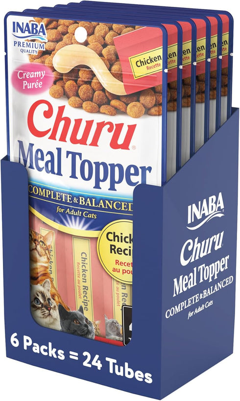 INABA Churu Meal Topper for Cats, Complete & Balanced, Creamy, Lickable Purée Cat Food Topper, 0.5 Ounce Tube, 24 Tubes (4 per Pack), Chicken Reci...