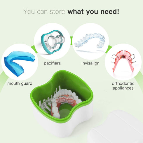 Denture Cup Bath Box Case with Strainer Basket, Dental Retainer Case Soaking Container Denture Cleaning Cup for Upper and Lower(Light Green)...