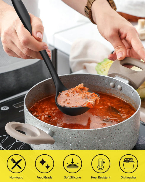 3 Pcs Silicone Kitchen Utensils Set, Soup Ladle-Pasta Fork-Slottede Spoon, Nonstick BPA Free High Heat Resistant Cooking Utensils for Mixing, Serv...
